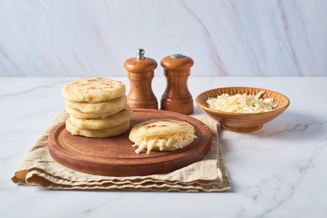 Arepas, traditional Latin American breakfast, food from Colombia and Venezuela.